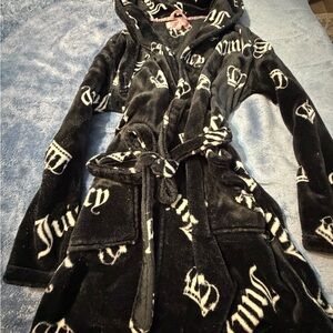 Juicy Couture Black Plush Hooded Robe with White Crown Motif